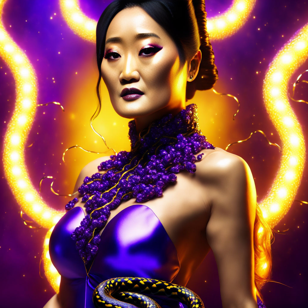 Woman with dramatic makeup and snake on glowing purple background wearing purple outfit and necklace