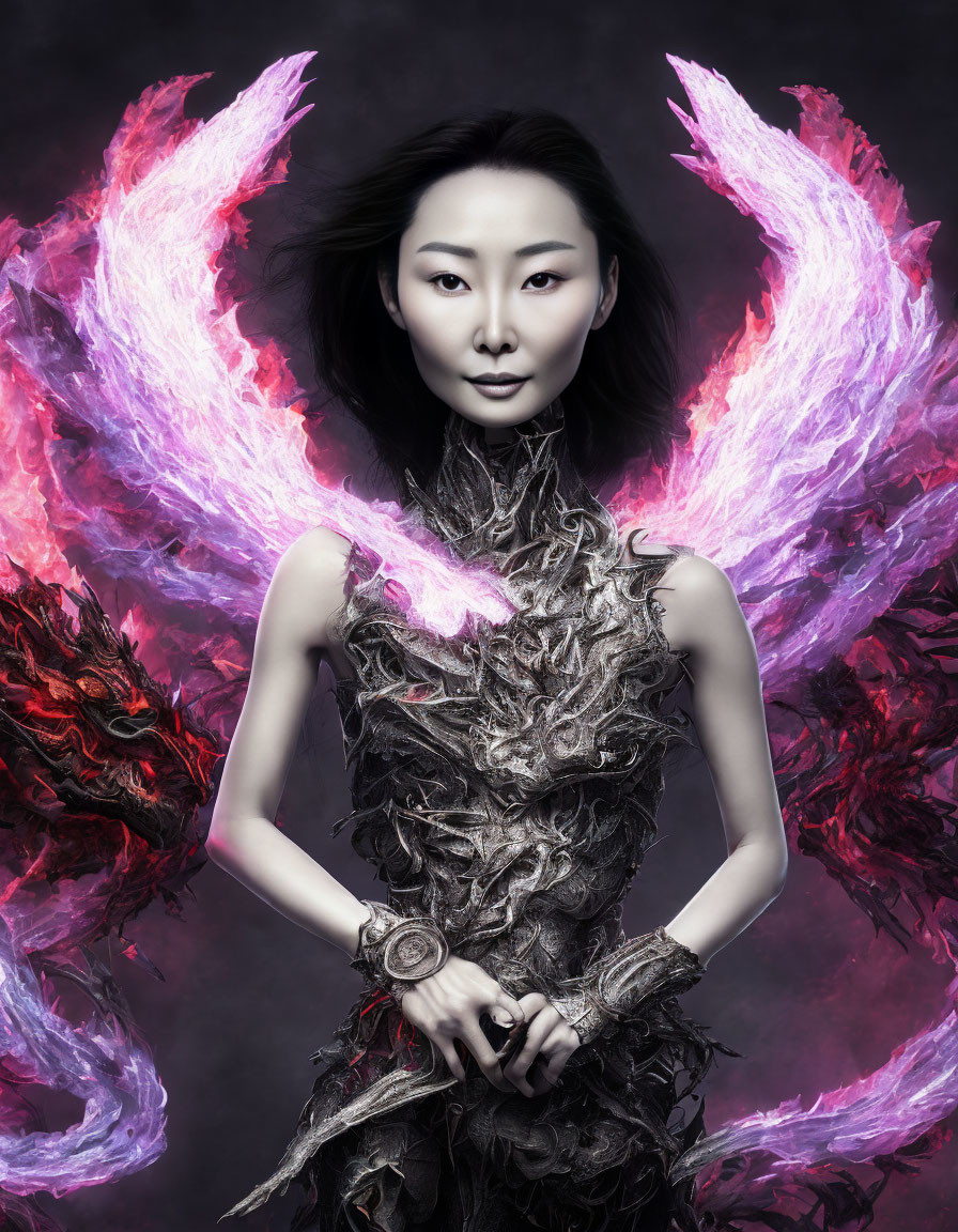 Woman in metallic dress with pink wings in fantasy setting