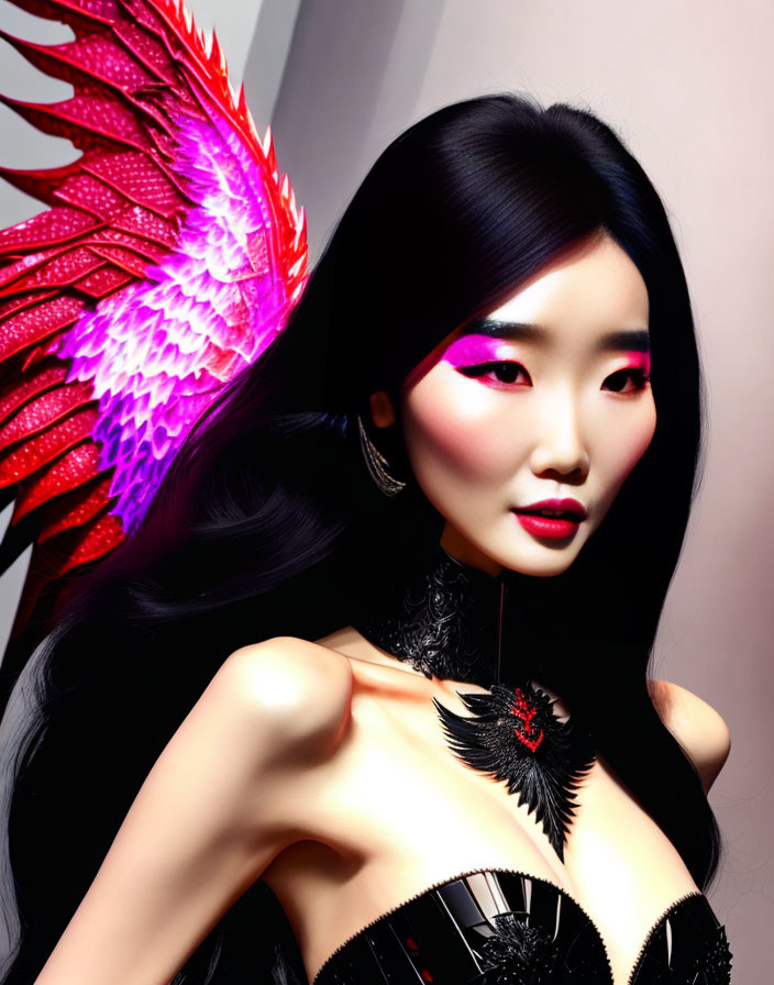 Colorful winged accessory digital artwork of a woman with stylized makeup