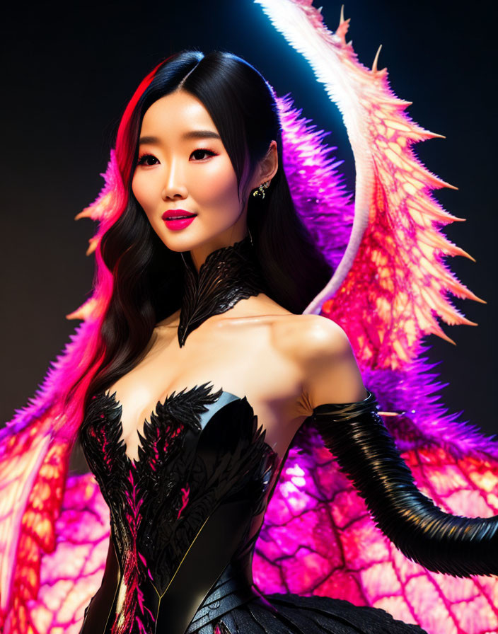 Dark-haired woman poses against glowing pink feathered backdrop in black outfit with feathered collar