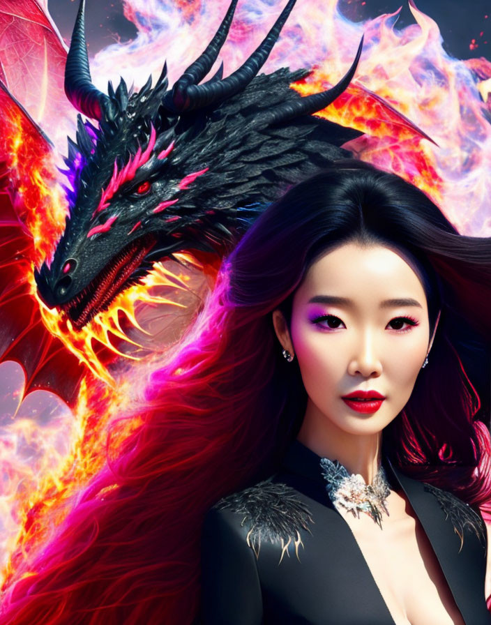 Woman with flowing hair and black dragon with red eyes and flames.