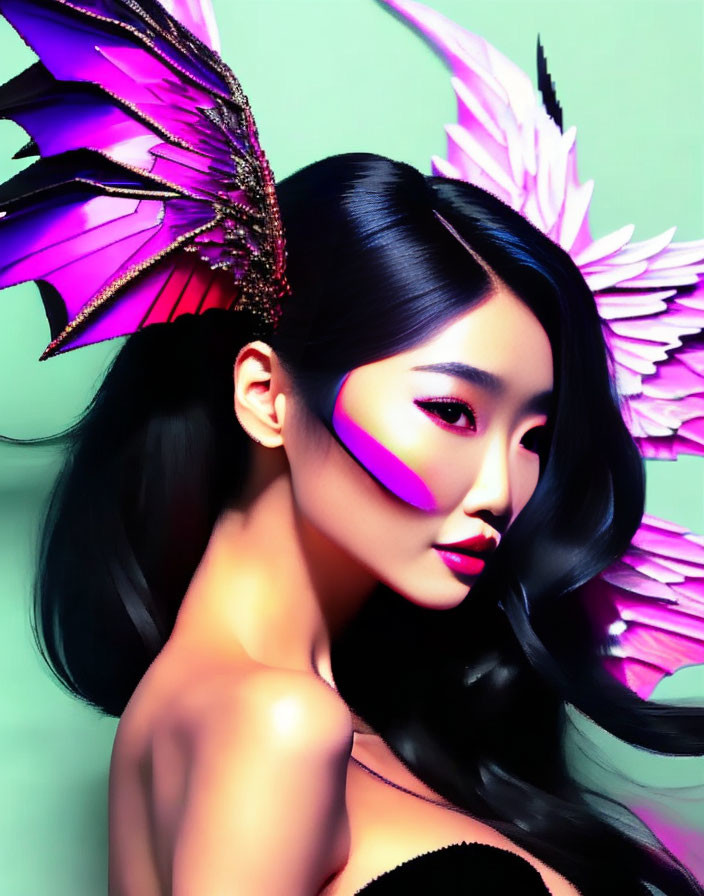 Woman with vibrant pink makeup and butterfly wings on teal background