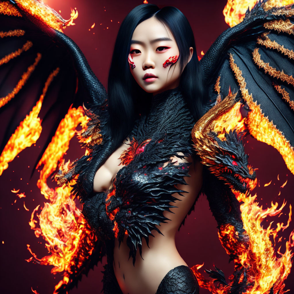 Digital artwork: Woman with dark angel wings in flames, exotic makeup, fiery design.