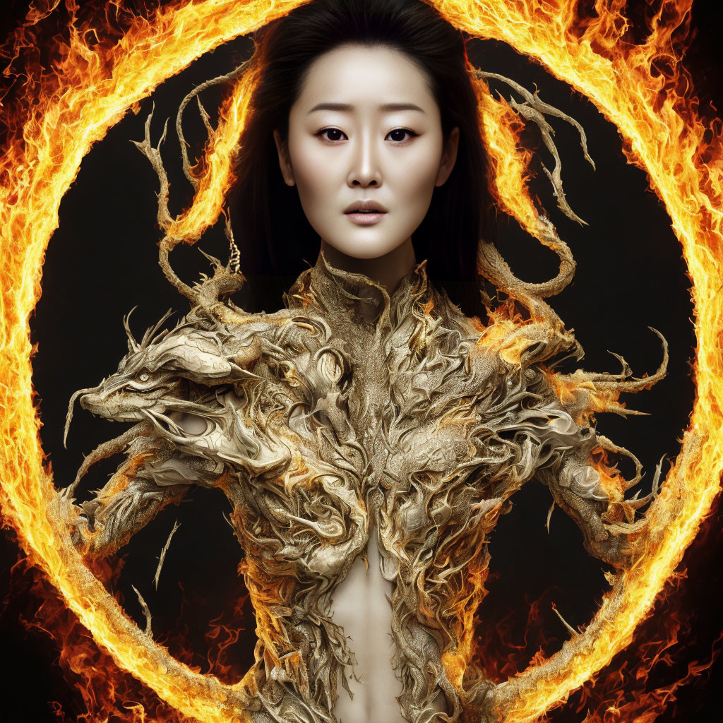 Serene woman with intricate branch-like chest piece in flaming circle.