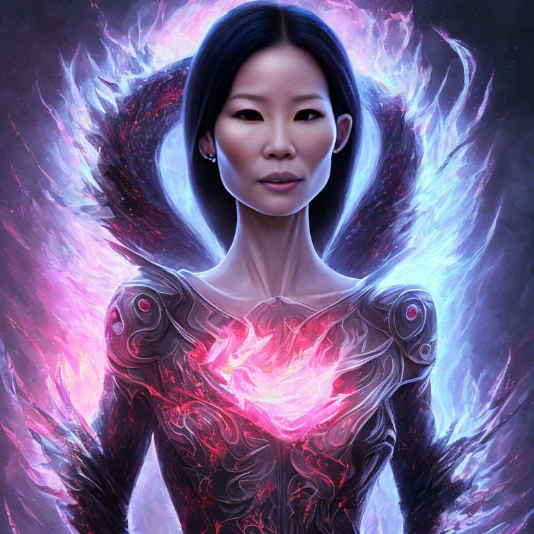 Digital portrait of woman with glowing energy and intricate patterns in cosmic setting