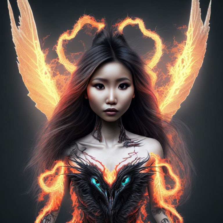 Woman with fiery wings and heart aura, mystical bird on chest