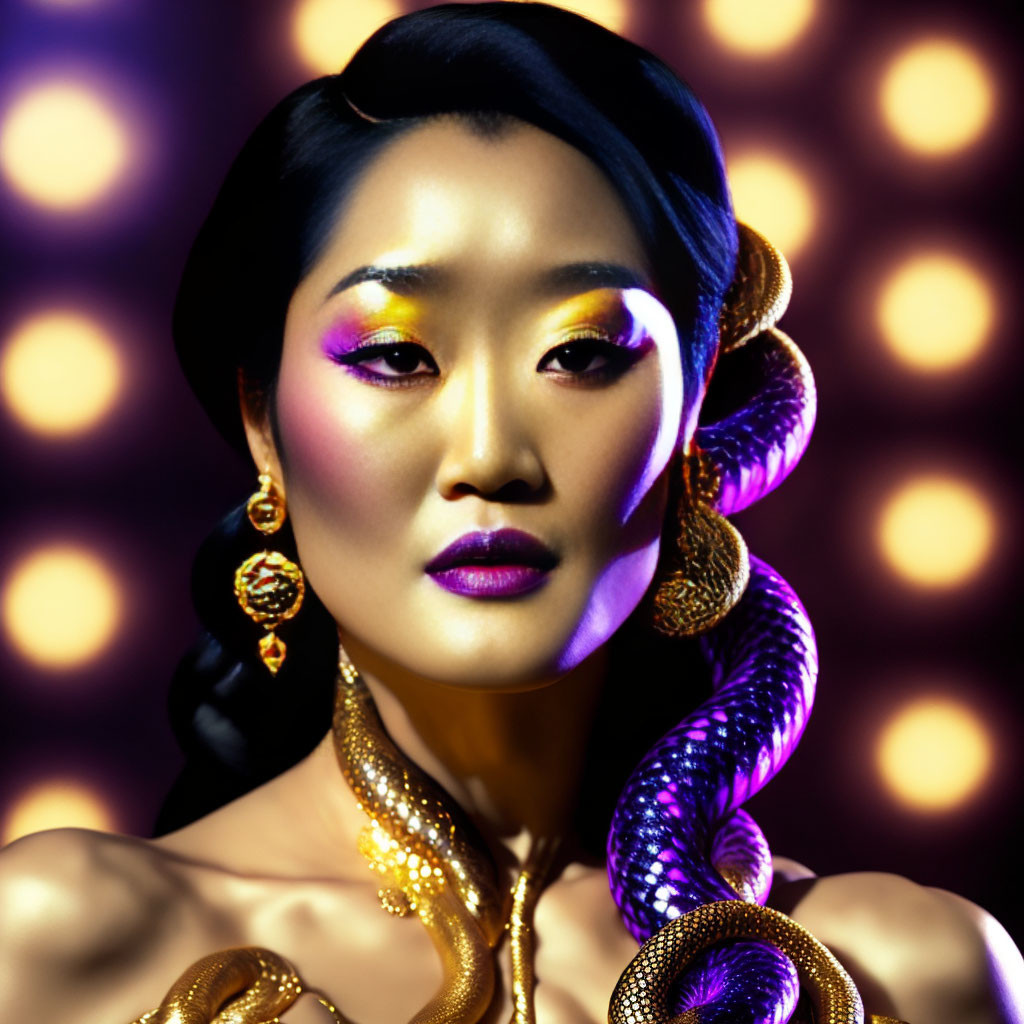 Asian woman with striking makeup and golden accessories on bokeh light background