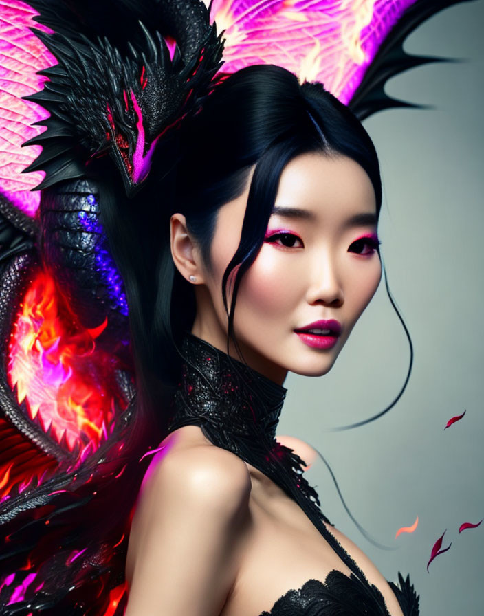 Vividly Colored Dragon and Woman with Striking Makeup