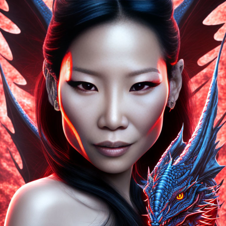 Woman with Striking Makeup and Dragon Illustration on Red Glowing Background