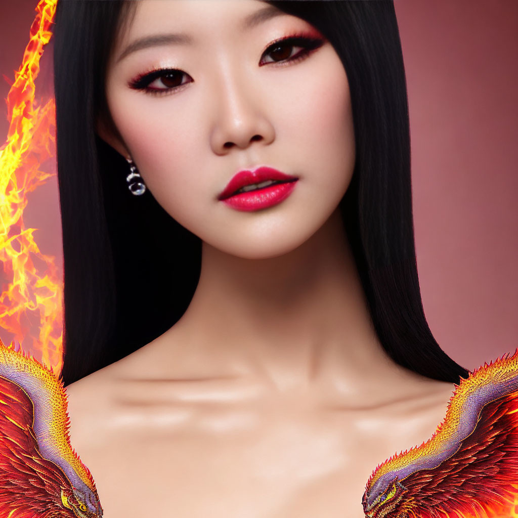 Portrait of woman with fiery wing graphic, bold makeup, elegant earring on red background