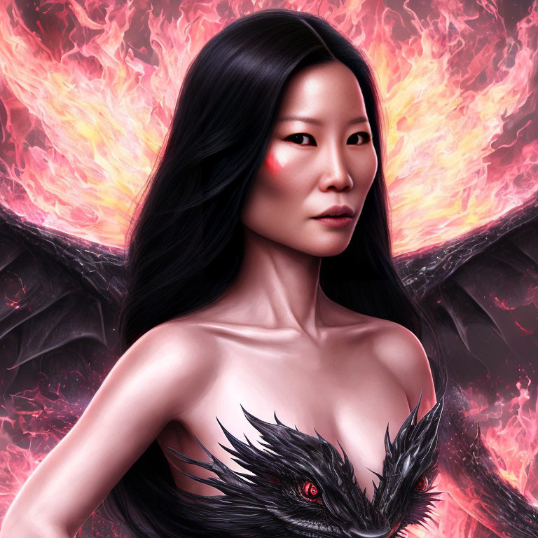 Digital Artwork: Woman with Black Wings and Red Eyes in Flames