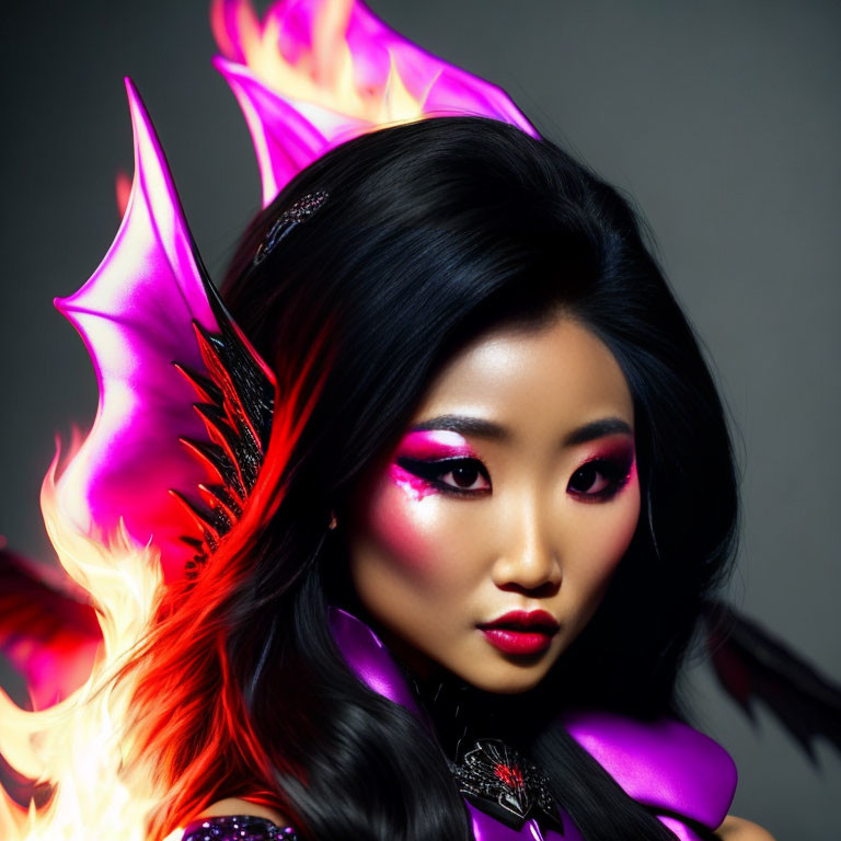 Woman with dramatic makeup and fiery demon wings in mystical scene