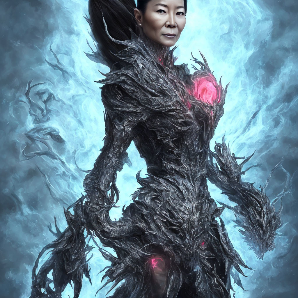 Elaborate dark armor woman with glowing pink accents in misty background