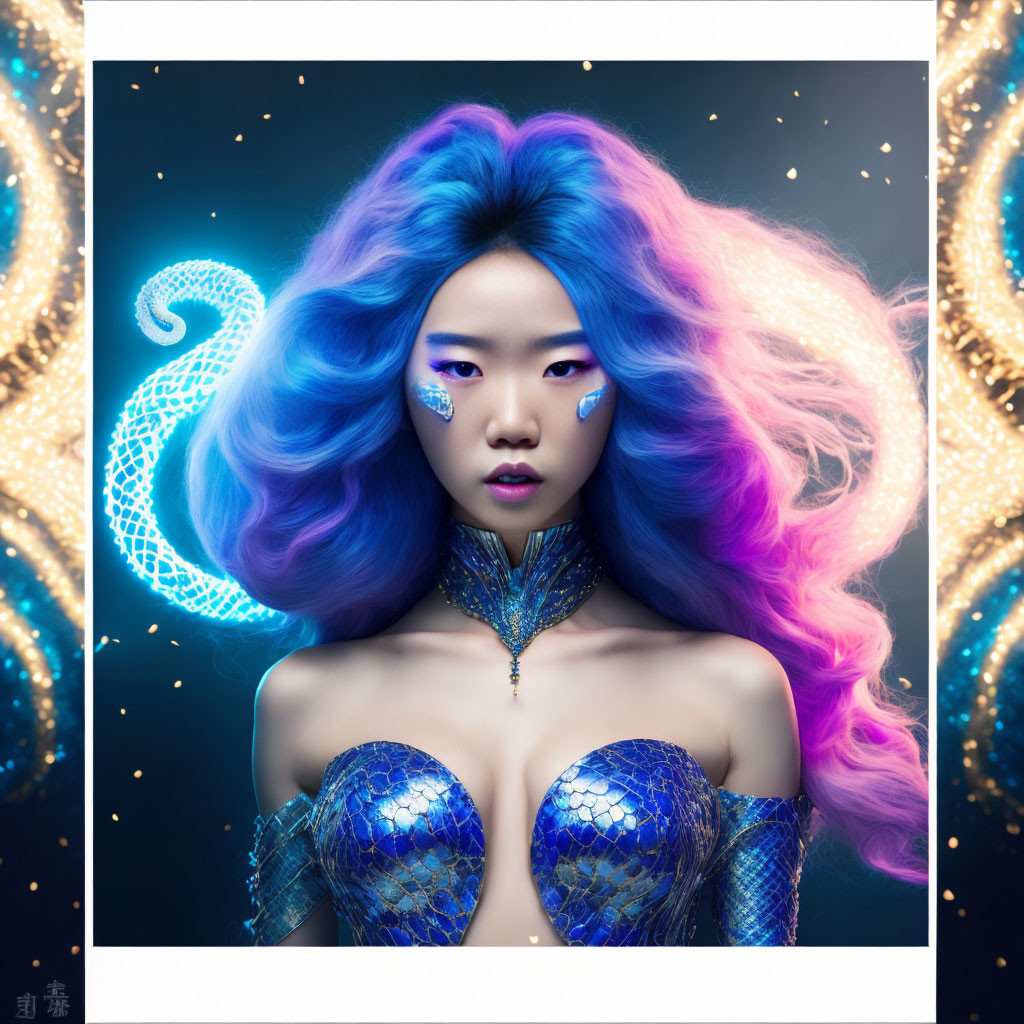 Vibrant blue and purple hair portrait with glittering makeup and scale-like garment on mystical blue background