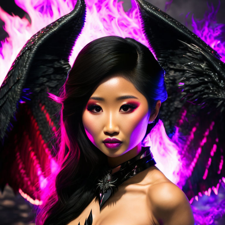 Woman with Striking Makeup and Black Angel Wings in Purple Illumination