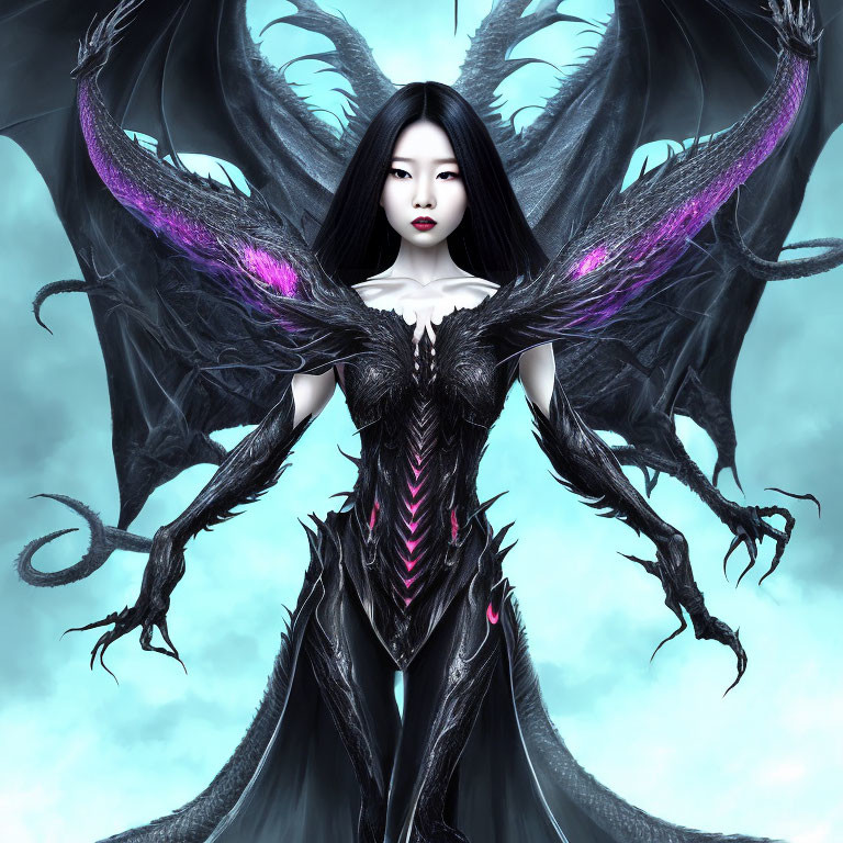 Dark angelic winged woman in armor with black hair and red lips against a cool blue backdrop