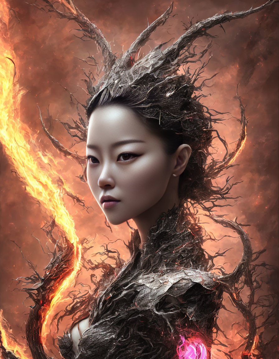 Fantasy-themed portrait of a woman in crown and branch-like armor against fiery backdrop