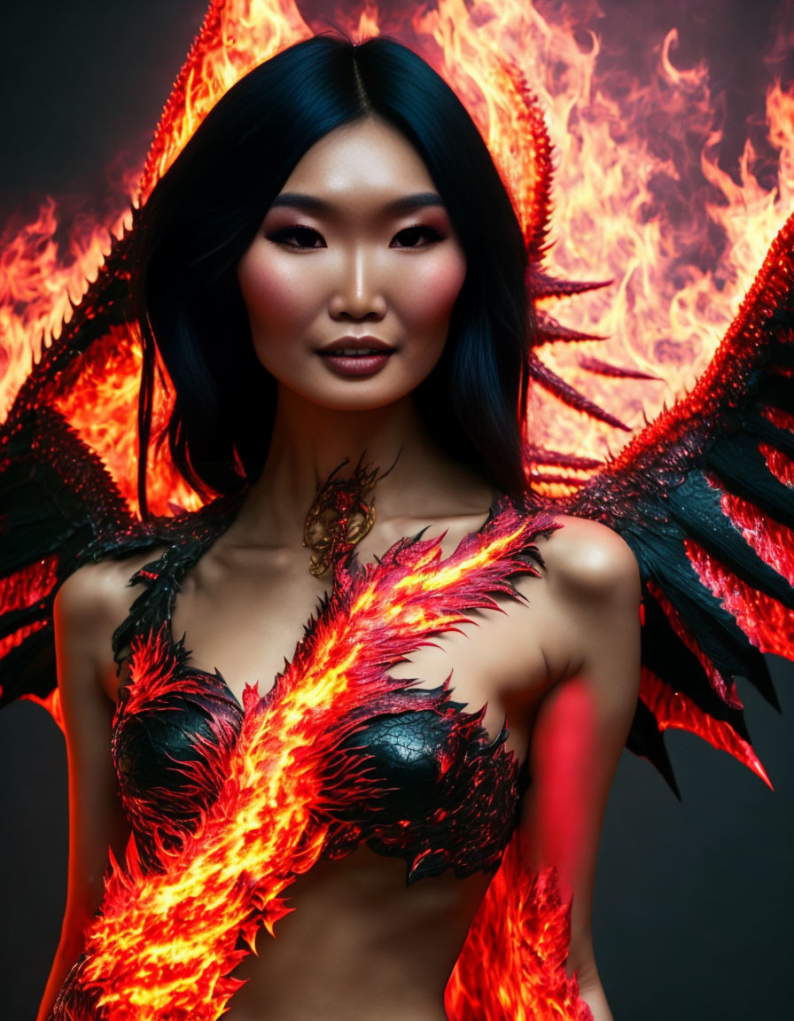 Fiery Wings and Flame-Inspired Outfit in Dramatic Scene