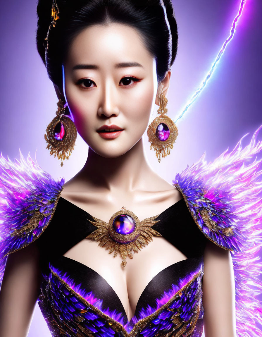 Woman with violet lightning, feathers, and golden jewelry on purple background