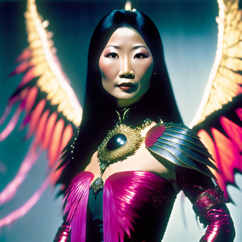 Golden-armored woman with sun chest piece and fiery wings in sparkling backdrop