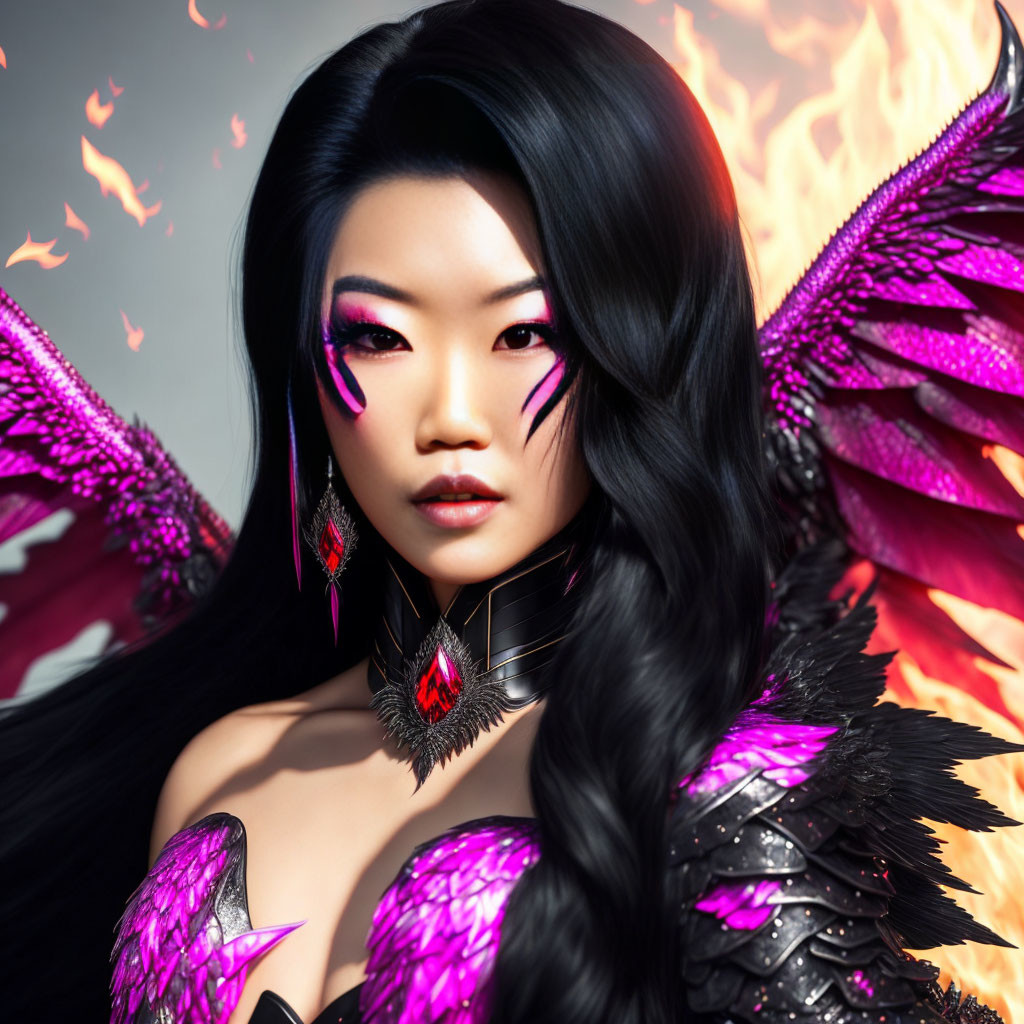 Digital portrait of woman with feathered wings in flames, vibrant makeup, fantasy attire