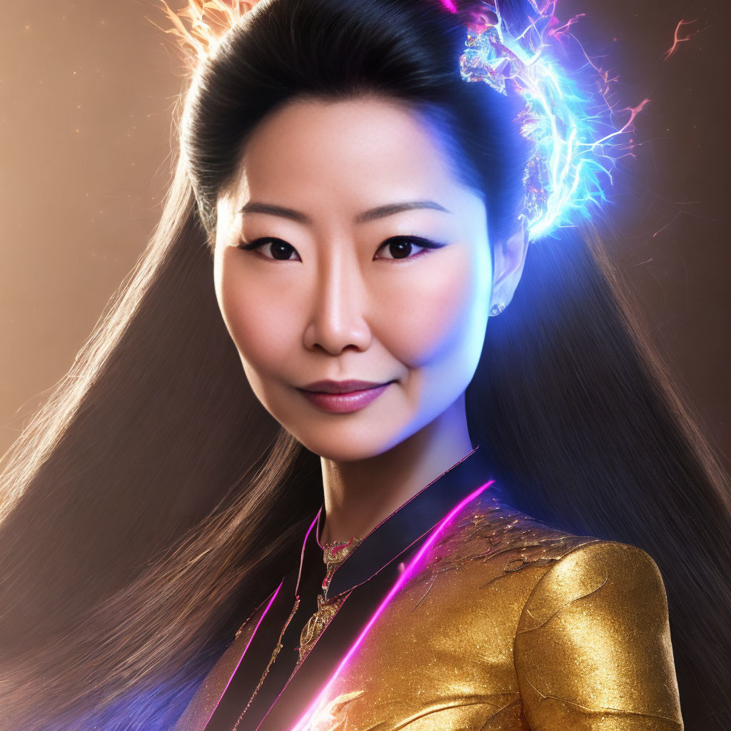 Asian woman portrait with neon lights and golden attire