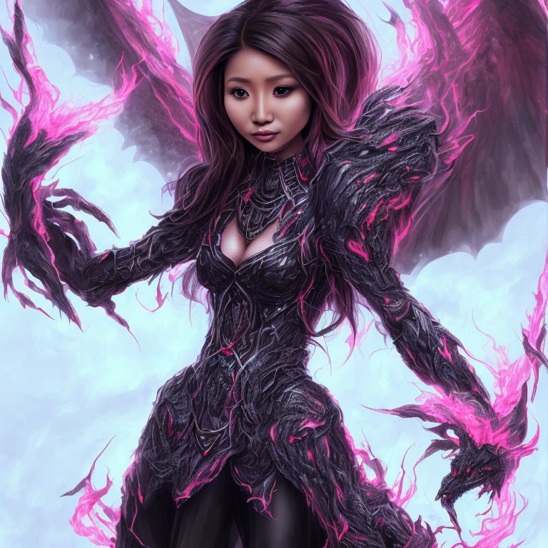 Digital artwork: Woman in black fantasy armor with pink magical energy.