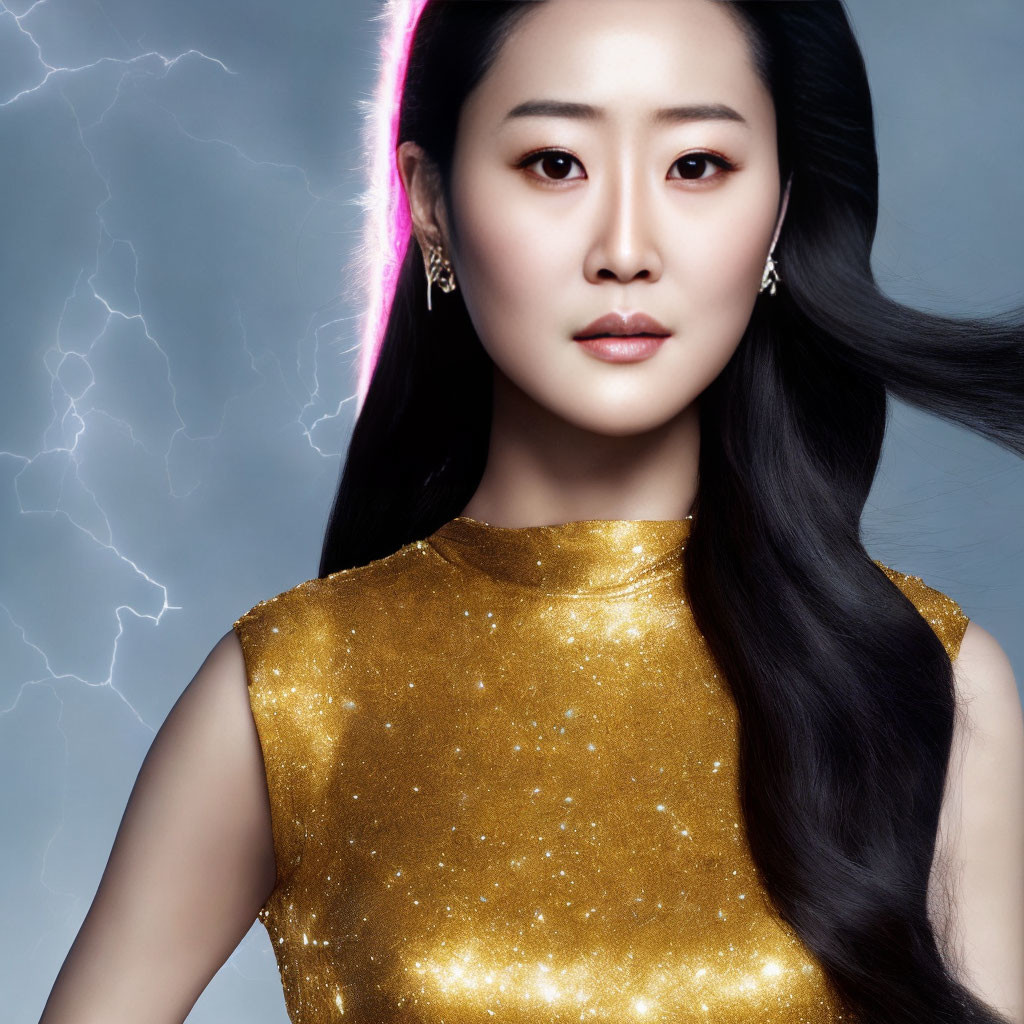 Dark-haired woman in gold top with lightning background