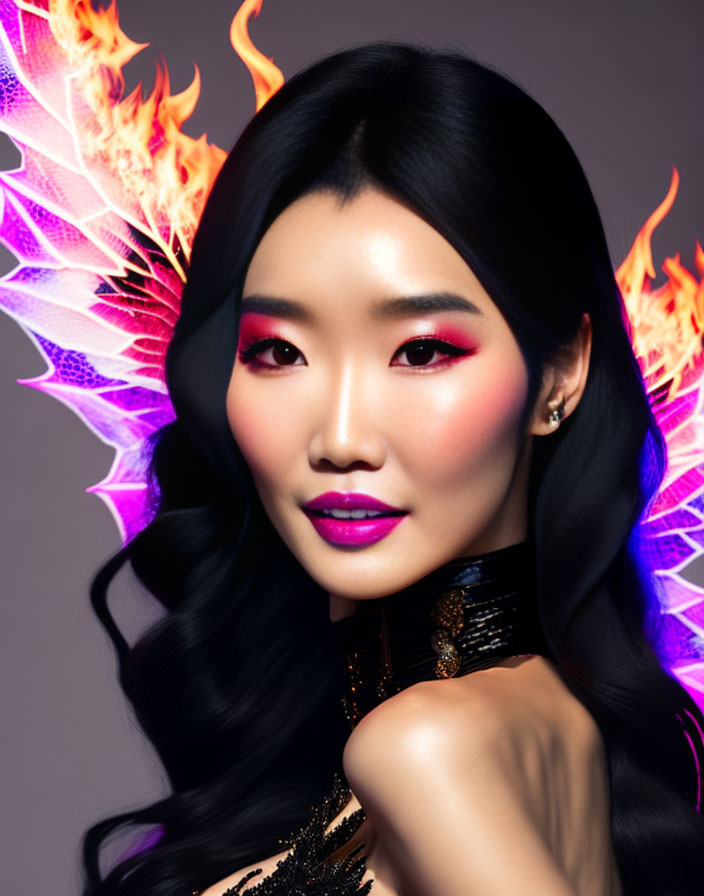 Digital artwork: Asian woman with long black hair, vivid makeup, and fiery wings