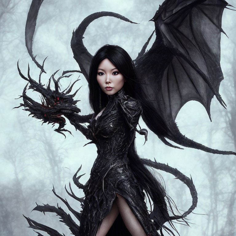 Dark-haired woman in dragon-themed costume against misty forest backdrop