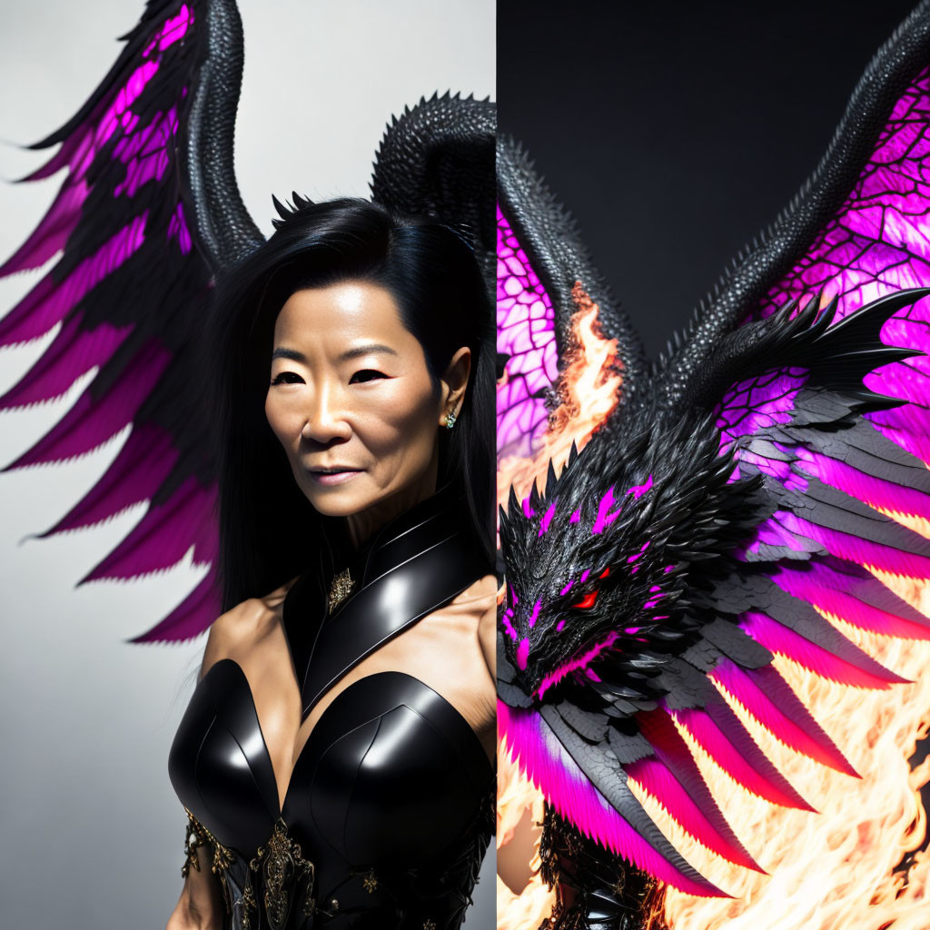 Split Image: Woman in Black Armor & Fantasy Art Black Dragon