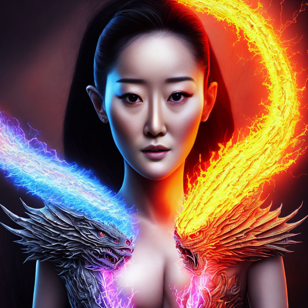 Intense woman with blue and red dragons on dark background