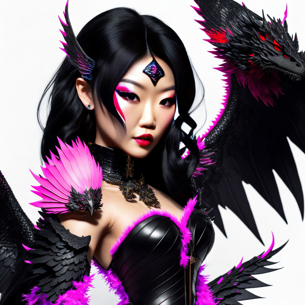 Woman with black and pink makeup facing dragon figure in dramatic image