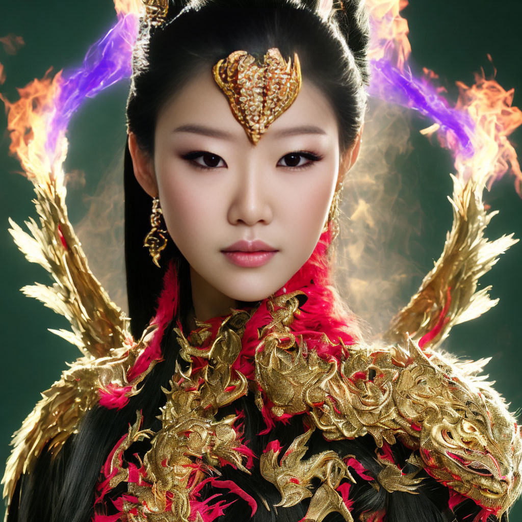 Elaborate gold dragon-themed attire on a woman with fiery wings and purple lightning.