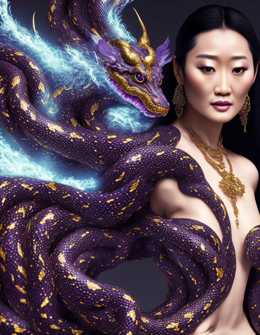 Dark-haired woman with gold jewelry and fantastical purple dragon.