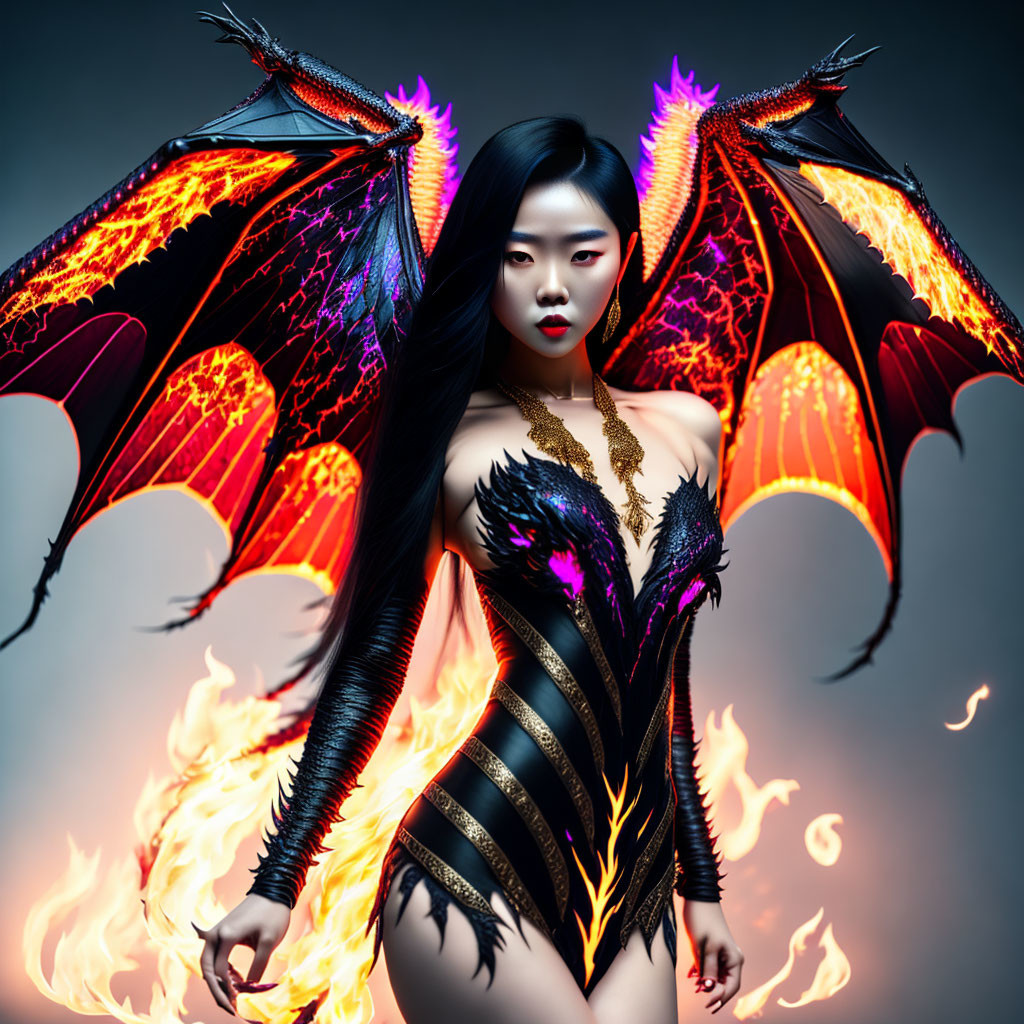 Woman in dragon-inspired costume with fiery wings on smoky background.