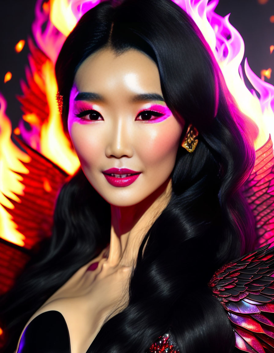 Dark-haired woman with striking makeup in front of fiery wings: fantasy phoenix-inspired look.