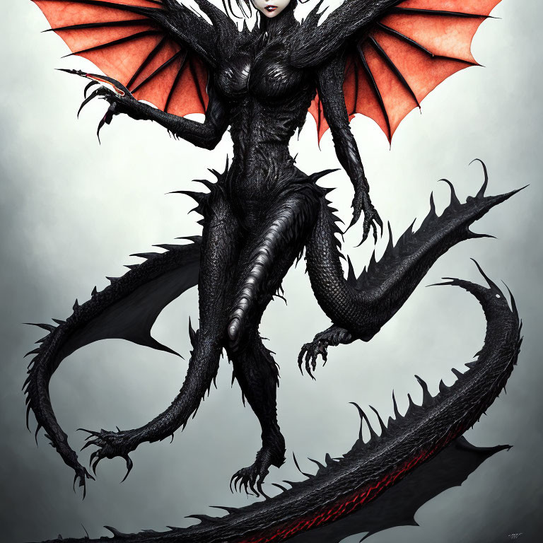 Black-scaled humanoid dragon with wings and tail on grey background