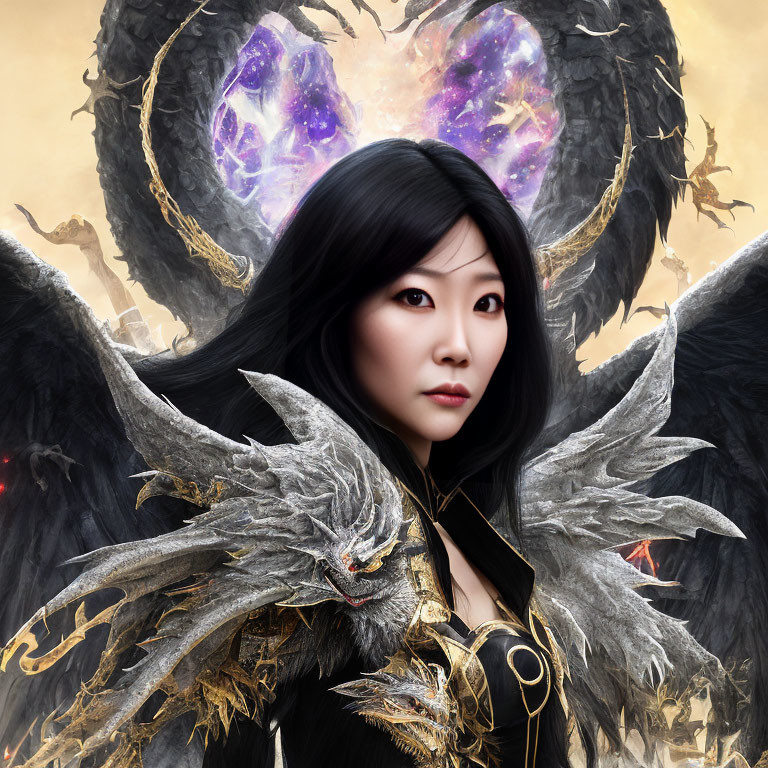 Dark-haired woman in dragon-themed armor with black wings against cosmic backdrop