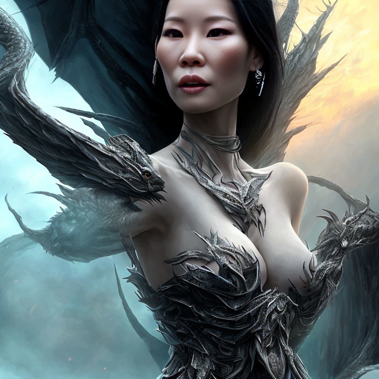 Asian Woman in Dragon Scale Armor in Mysterious Setting