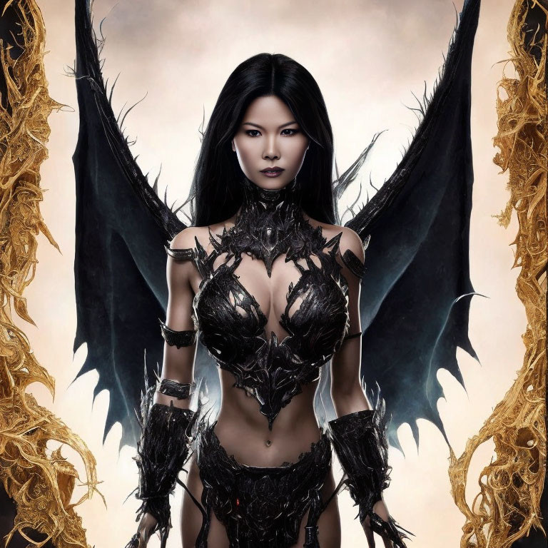 Woman in Dark Angel Wings & Fantasy Armor with Golden Ornate Background