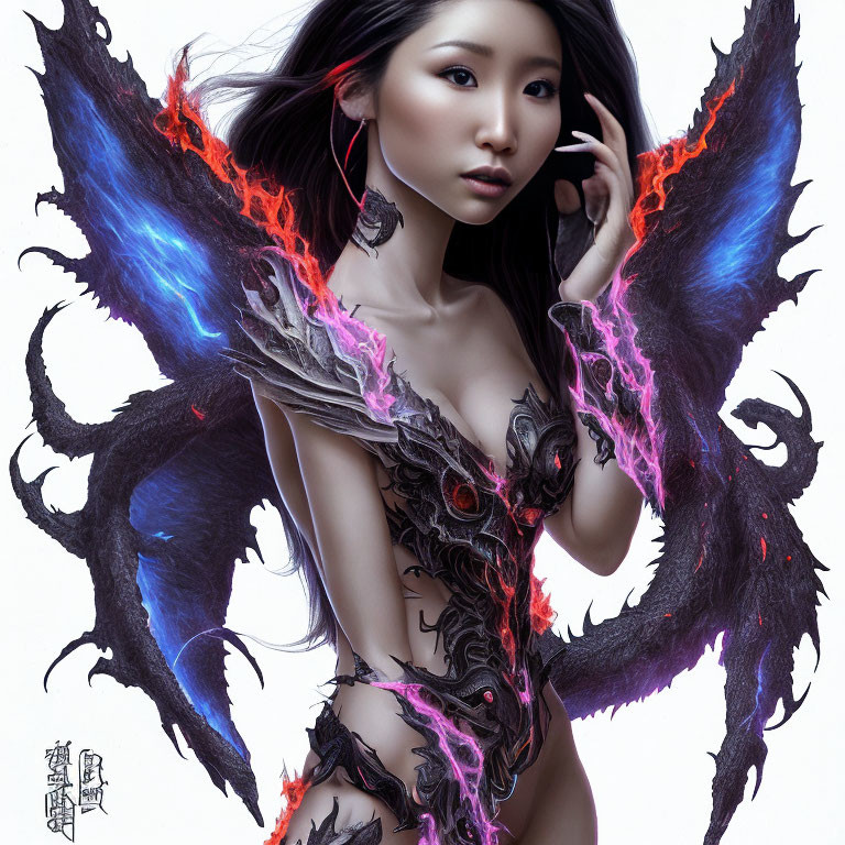 Fantastical digital artwork of a woman with dark wings and fiery patterns