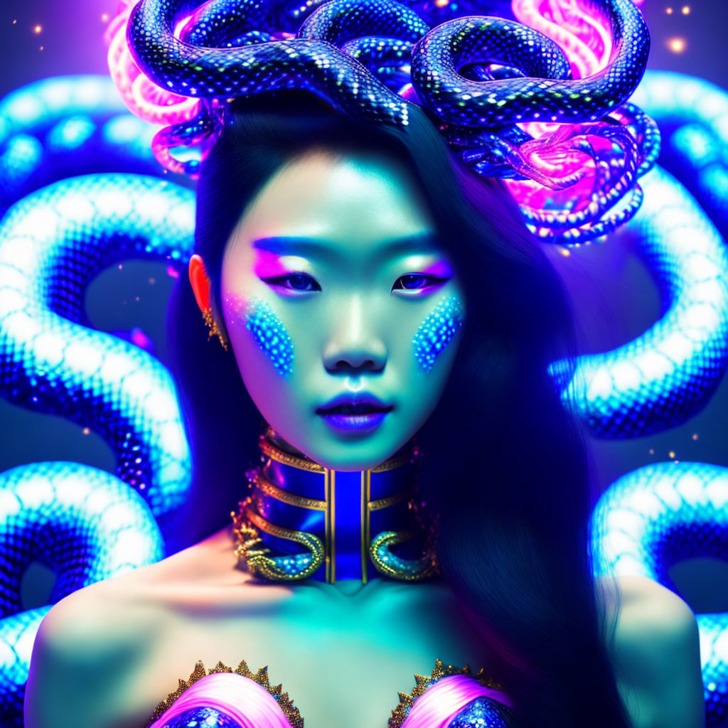 Glowing blue makeup woman with neon-lit snakes on dark background