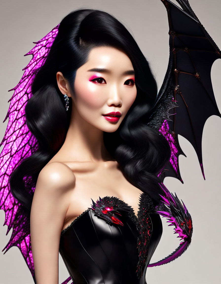 Asian woman with bat-like wings in dark dress: stylish, vampiric aesthetic