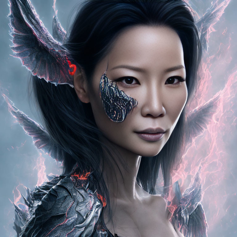 Portrait of a woman with dark wings, dragon-scale eye patch, and mystical energy swirls