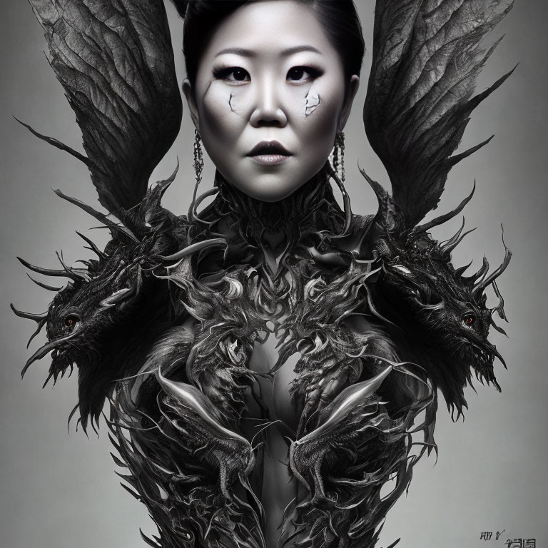 Intense gaze woman in dark armor with dragon heads and wing-like structures