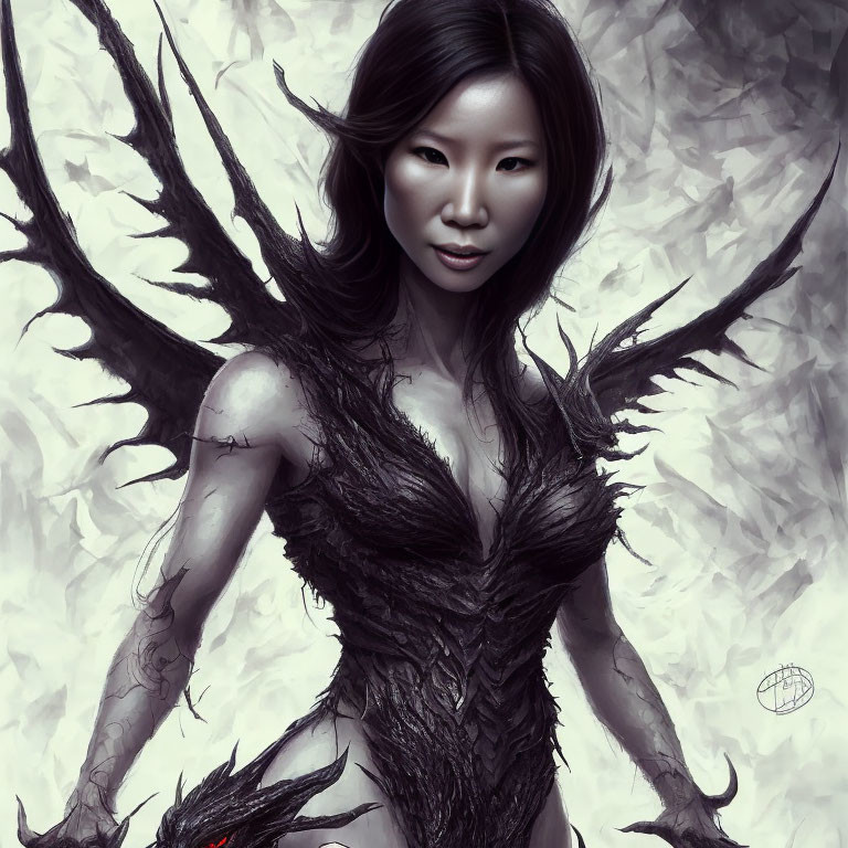 Monochromatic Asian female with dark feathered wings in mystical attire