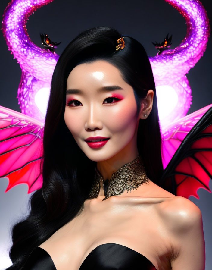 Woman with Pink Glowing Wings and Dragon Jewelry on Dark Background