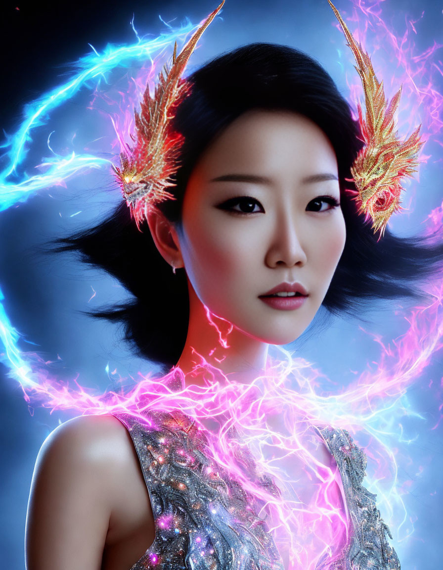 Ethereal woman with blue and pink energy and golden winged ear accessories