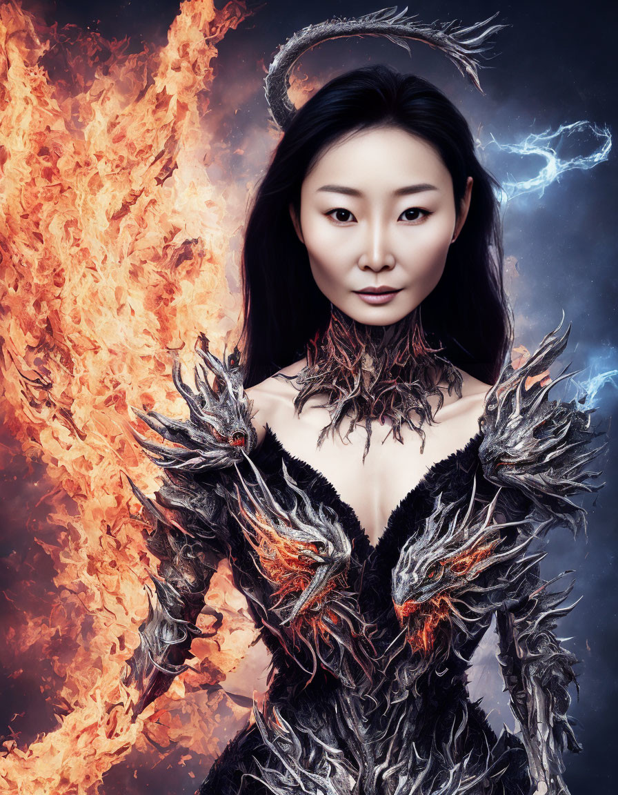 Elaborate Fantasy Costume with Dragon-like Shoulders in Fiery Backdrop